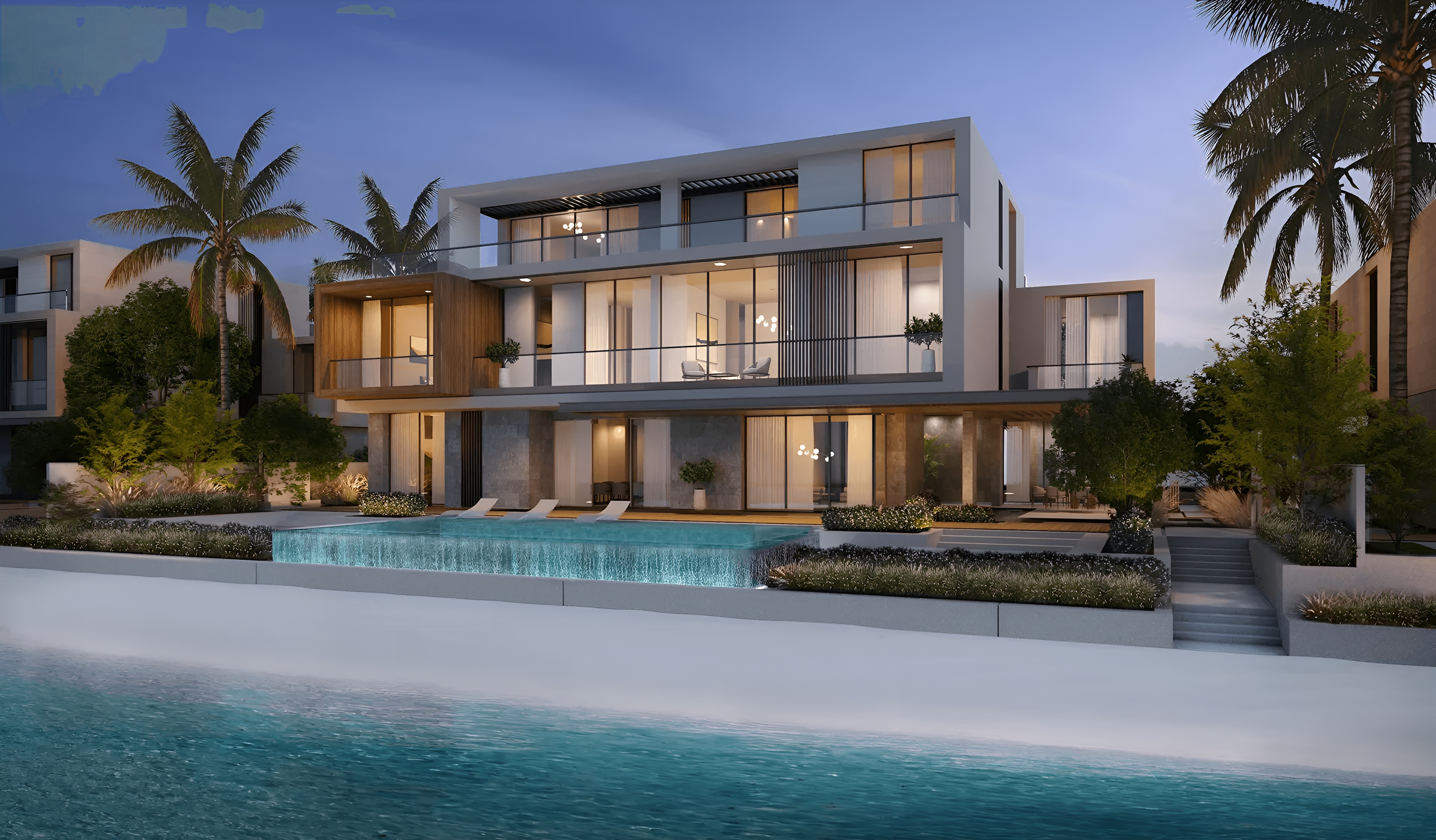 The Beach Collection consists of luxurious villas developed by Nakheel Properties on Palm Jebel Ali, known for creating Palm Jumeirah. It is nestled within The Palm Jebel Ali where Dubai's longest shoreline seamlessly meets the city's skyline. This luxurious living masterpiece is perfectly located between Port Jebel Ali and the Jebel Ali Marine Sanctuary, with excellent connectivity to other parts of Dubai via the Sheikh Zayed Road. The villas are three stories tall, offering 5-6 bedrooms and starting at 7,000 sqft. There are eight different villa types, including Tropical Mist, Sapphire, Provence, Mediterranean, Indigo Ocean, Blue Horizon, Azure Blue and Aquamarine. They are thoughtfully designed to complement the beautiful waterfront setting, providing a peaceful and exclusive living environment. Nakheel Properties, known for Palm Jumeirah, is the developer behind this project, set to be completed in 2027. Prices for these coastal homes start at AED 18 million, with the convenience of an 80/20 payment plan.