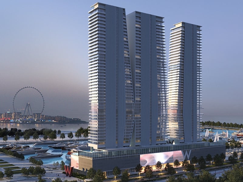 W Residences by Arada presents an unparalleled waterfront lifestyle at Dubai Harbour, offering a distinctive living experience that seamlessly combines elegance and modern sophistication. This exceptional development features meticulously designed 1 to 5-bedroom apartments, expansive duplexes and impressive penthouses, each crafted to meet the highest standards of quality and design. Every unit is thoughtfully appointed with sleek interiors and premium finishes, incorporating cutting-edge smart home technology that enhances both convenience and comfort. The high-rise towers are complemented by an impressive range of amenities, including a 200-meter infinity pool, a state-of-the-art wellness spa and dedicated yoga and Pilates studios, all designed to elevate your living experience. Nestled in the iconic Dubai Harbour, W Residences offers breathtaking views of the Arabian Gulf and the Dubai skyline, while providing convenient access to The Palm Jumeirah, Bluewaters Island and other key landmarks. This enviable location includes exclusive beach access and is just moments away from world-class dining, luxury retail outlets and leisure destinations, ensuring a lifestyle of unmatched convenience and refinement. Starting at AED 4.1M, W Residences offers 1 to 5-bedroom apartments and penthouses, with handover expected in Q4 2027 and a flexible 60/40 payment plan