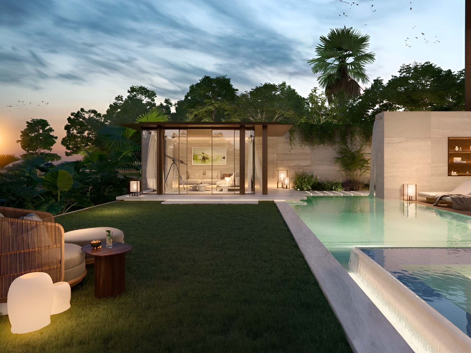 Serenity Mansions by Majid Al Futtaim rises in Tilal Al Ghaf, showcasing a series of 6-7 bedroom villas meticulously crafted to harmonize with their natural surroundings. Each villa features large glass facades and modern lines, allowing natural light to fill the interiors and connect the living spaces to the outdoors. The exterior design includes expansive terraces and private gardens, enhancing the outdoor living experience. Roof terraces provide panoramic views of the landscape, adding a serene space to relax. Facades combine natural materials with contemporary finishes for a striking yet understated look. Inside, Serenity Mansions emphasizes spaciousness and flexibility. Open-plan layouts create a free flow between rooms with high ceilings and large windows contributing to an airy atmosphere. Kitchens are equipped with modern appliances and ample storage while bathrooms offer a sanctuary-like retreat with elegant fixtures. Bedrooms, including master suites, provide privacy and comfort. The landscaping complements the villas with manicured gardens and private pools enhancing the outdoor spaces. Each villa's interior and exterior are designed to reflect a harmonious balance of modern living and natural beauty.