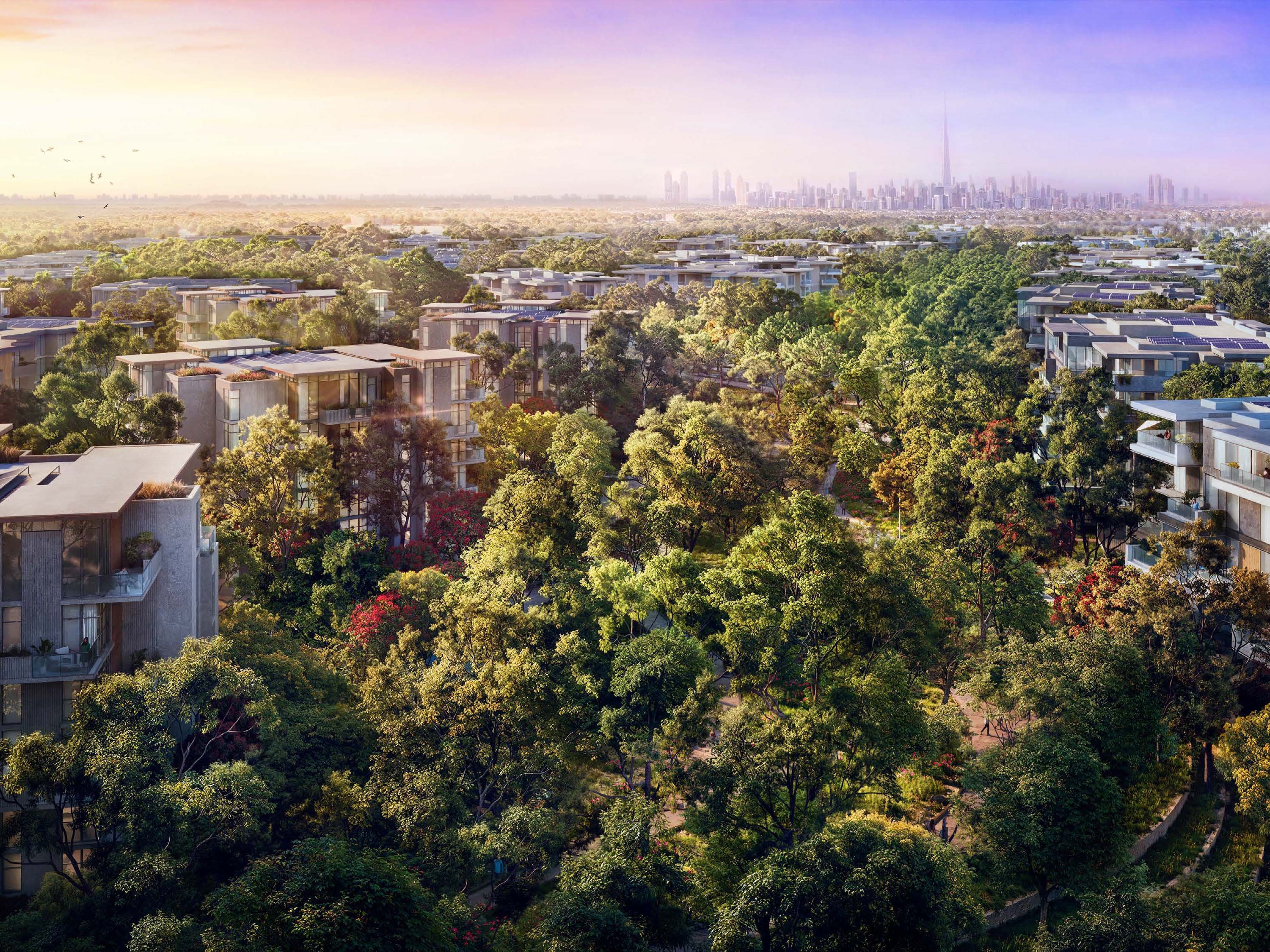 In Dubailand, Ghaf Woods by Majid Al Futtaim offers a blend of nature and urban life. This project includes 1 to 3-bedroom apartments with a focus on simple, clean design. The homes feature large windows that bring in natural light, and balconies that extend living spaces into the outdoors. Ghaf Woods at Dubailand integrates the calm of nature with the pulse of city life. Paths wind through green spaces, perfect for a walk or run. The nearby Global Village offers spots for dining and shopping, blending urban convenience with the peace of nature. Interiors at Ghaf Woods show a thoughtful use of space. The blend of sleek lines and natural materials creates a calm, balanced feel. Kitchens, bedrooms, and bathrooms come with quality fixtures, ensuring comfort and style. Residents enjoy a range of amenities. The fitness center and pool provide spaces to relax and stay active. There are areas for yoga and meditation, offering a retreat for the mind. Children have dedicated play areas, both indoors and outdoors.