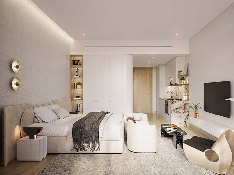 One Residence by Ginco Properties reimagines residential living in Downtown Dubai. With studio and 1 to 2 bedroom apartments, the project is designed to merge modern comforts with the energy of the city. One Residence places residents in the center of Downtown's lively scene while providing a tranquil home base that reflects contemporary urban elegance. At One Residence, the architectural design is characterized by a seamless integration into the vibrant cityscape. The building's façade features a contemporary design with a sophisticated blend of textures that complement its surroundings. The residential units at One Residence are meticulously planned to offer a refined living experience. Spacious layouts, thoughtfully chosen finishes and well-designed floor plans contribute to a sense of calm and comfort. Residents can enjoy expansive windows that frame views of the cityscape, providing a connection to the dynamic environment outside while ensuring a serene retreat within. One Residence also features a selection of amenities including a state-of-the-art fitness center, a dedicated yoga studio and a large infinity pool, catering to a range of wellness and recreational needs.