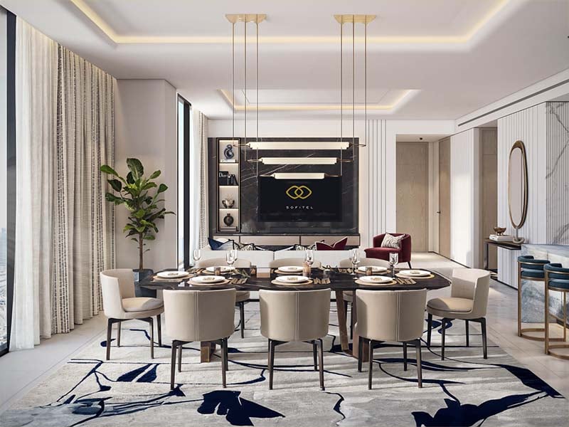 French flair infuses Downtown Dubai at Sofitel Residences Dubai by Azha Development. This address marries Parisian charm with the city's vibrant spirit, creating homes that speak of refinement and urban sophistication. Interiors flow with purpose, each space a canvas for life's moments. Art graces walls, sparking daily inspiration. The projection room transforms evenings into cinematic events, while Le Petit Residents Area nurtures young imaginations. In the fitness center, curated artwork complements state-of-the-art equipment, elevating wellness routines. The resident's lounge, adorned with diverse artistic influences, invites connection and relaxation. From one to three-bedroom residences to expansive penthouses, each home tells its unique story through modern French design and thoughtful layouts. Floor-to-ceiling windows frame Dubai's dynamic skyline, yet inside, tranquility reigns. This duality defines life at Sofitel Residences Dubai in Downtown Dubai. Steps away, the city's best dining and shopping experiences await. Global privileges extend beyond Dubai through the Accor Ownership Benefits Program. Residents enjoy VIP status across Accor's worldwide network, enhancing travel with upgrades and exclusive services.