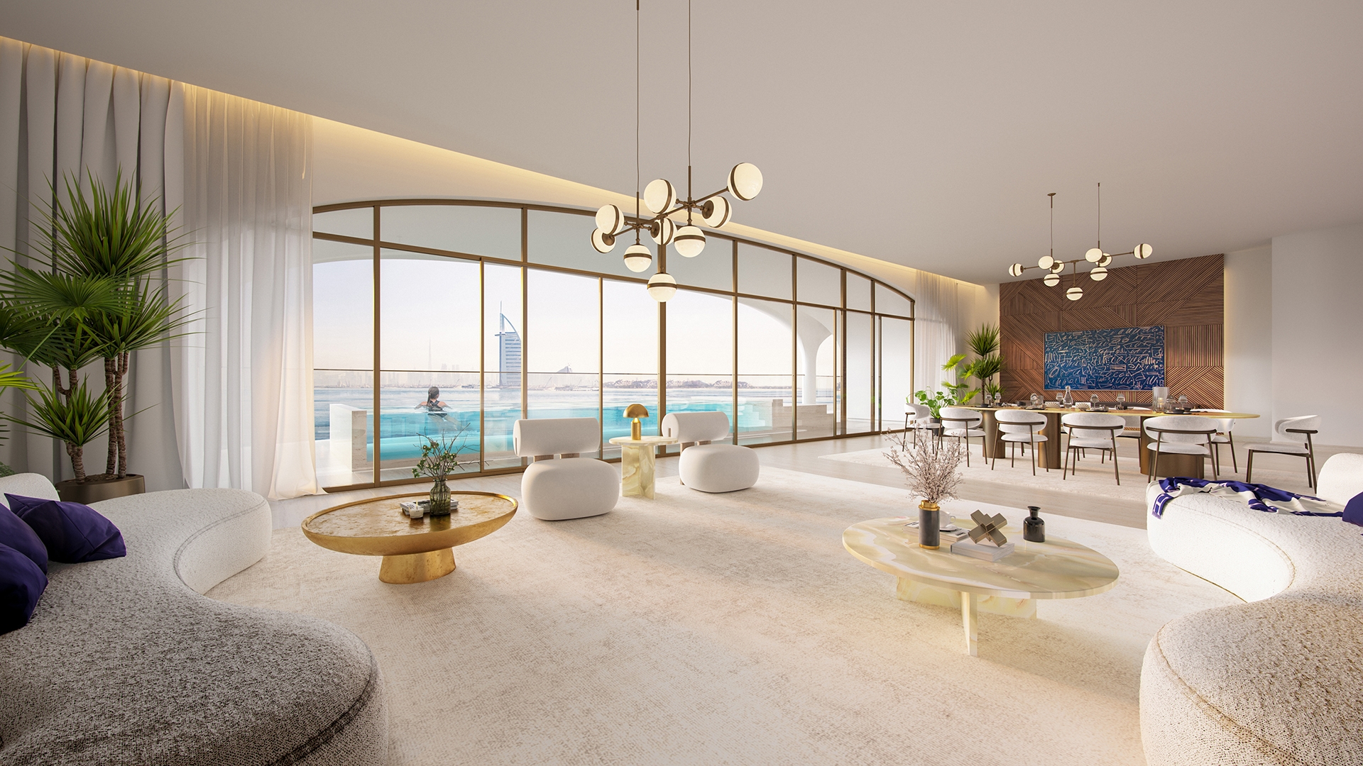 At the heart of Ocean House by Ellington Properties lies a commitment to exquisite oceanside living. Within this haven, a diverse range of 2 to 6-bedroom apartments, duplexes and penthouses awaits. As you step into the lobby, you'll be greeted by a minimalist hotel-like ambiance, defined by a double-height ceiling and elegant neutral decor. Lush greenery enhances the welcoming atmosphere, creating a serene sanctuary for residents and guests alike. Inside, these thoughtfully crafted abodes open to a world of contemporary elegance. With spacious designs and sophisticated neutral palettes, the interiors of Ocean House exude tranquility and sophistication. Floor-to-ceiling windows flood the space with natural light, offering residents breathtaking views of the surroundings. As you explore further, you'll find yourself drawn to the lush private pools and gardens, offering a tranquil retreat amidst the bustling city. Designed with utmost privacy and serenity in mind, these outdoor spaces provide residents with a sanctuary to relax and unwind. Venturing beyond the confines of your home, you'll encounter a wealth of private club-inspired amenities, including a 50-meter Olympic swimming pool, a wellness studio, clubhouse and cinema room.  Starting at AED 9.5M, Ocean House by Ellington Properties offers 2 to 6-bedroom apartments, duplexes and penthouses. The handover is expected in Q2 2026 with a 70/30 payment plan.