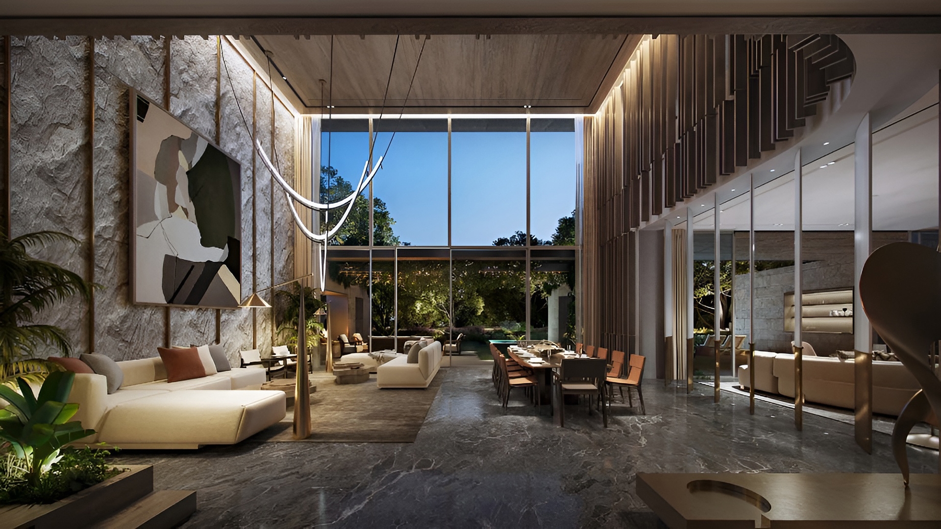 Serenity Mansions by Majid Al Futtaim rises in Tilal Al Ghaf, showcasing a series of 6-7 bedroom villas meticulously crafted to harmonize with their natural surroundings. Each villa features large glass facades and modern lines, allowing natural light to fill the interiors and connect the living spaces to the outdoors. The exterior design includes expansive terraces and private gardens, enhancing the outdoor living experience. Roof terraces provide panoramic views of the landscape, adding a serene space to relax. Facades combine natural materials with contemporary finishes for a striking yet understated look. Inside, Serenity Mansions emphasizes spaciousness and flexibility. Open-plan layouts create a free flow between rooms with high ceilings and large windows contributing to an airy atmosphere. Kitchens are equipped with modern appliances and ample storage while bathrooms offer a sanctuary-like retreat with elegant fixtures. Bedrooms, including master suites, provide privacy and comfort. The landscaping complements the villas with manicured gardens and private pools enhancing the outdoor spaces. Each villa's interior and exterior are designed to reflect a harmonious balance of modern living and natural beauty.