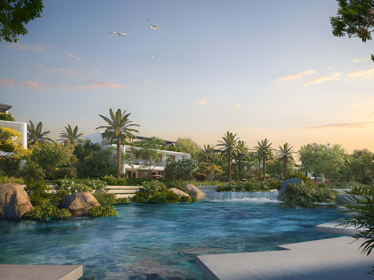 Serenity Mansions by Majid Al Futtaim rises in Tilal Al Ghaf, showcasing a series of 6-7 bedroom villas meticulously crafted to harmonize with their natural surroundings. Each villa features large glass facades and modern lines, allowing natural light to fill the interiors and connect the living spaces to the outdoors. The exterior design includes expansive terraces and private gardens, enhancing the outdoor living experience. Roof terraces provide panoramic views of the landscape, adding a serene space to relax. Facades combine natural materials with contemporary finishes for a striking yet understated look. Inside, Serenity Mansions emphasizes spaciousness and flexibility. Open-plan layouts create a free flow between rooms with high ceilings and large windows contributing to an airy atmosphere. Kitchens are equipped with modern appliances and ample storage while bathrooms offer a sanctuary-like retreat with elegant fixtures. Bedrooms, including master suites, provide privacy and comfort. The landscaping complements the villas with manicured gardens and private pools enhancing the outdoor spaces. Each villa's interior and exterior are designed to reflect a harmonious balance of modern living and natural beauty.
