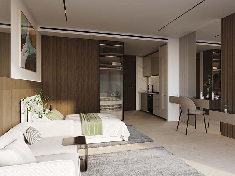 Aurora by Binghatti at Jumeirah Village Circle unfolds a new chapter in urban living. This project introduces a blend of simplicity and precision, seamlessly integrating with its surroundings. The design resonates with the rhythm of city life while creating a tranquil space for its residents. Aurora brings together form and function. The clean lines of its architecture are a testament to thoughtful design, aiming for a seamless blend with the cityscape. The facade engages with the skyline while providing a calm backdrop for residents. Inside, Aurora offers a range of living spaces from studios to 1-2 bedroom apartments. Each unit is crafted to enhance everyday life, maximizing natural light and providing a sense of openness. The interiors are designed with practicality in mind, balancing comfort with simplicity. The amenities at Aurora are tailored to support a balanced lifestyle. From the pools for all ages to the yoga area and fitness facilities, each element is positioned to foster well-being. Green spaces and relaxation areas invite residents to enjoy moments of peace amidst the city's rhythm.